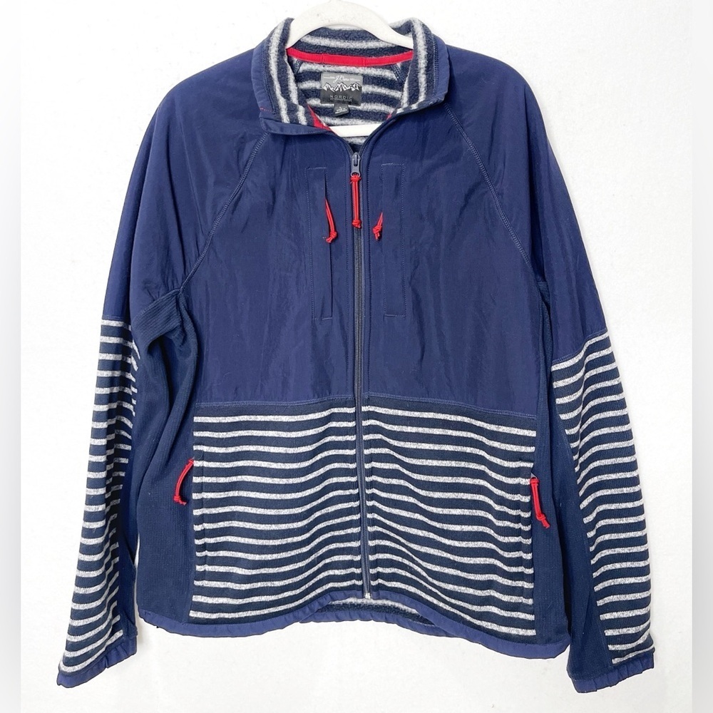 J Crew Nordic All Weather Designs Fleece Full Zip Jacket Navy Stripe Size Large